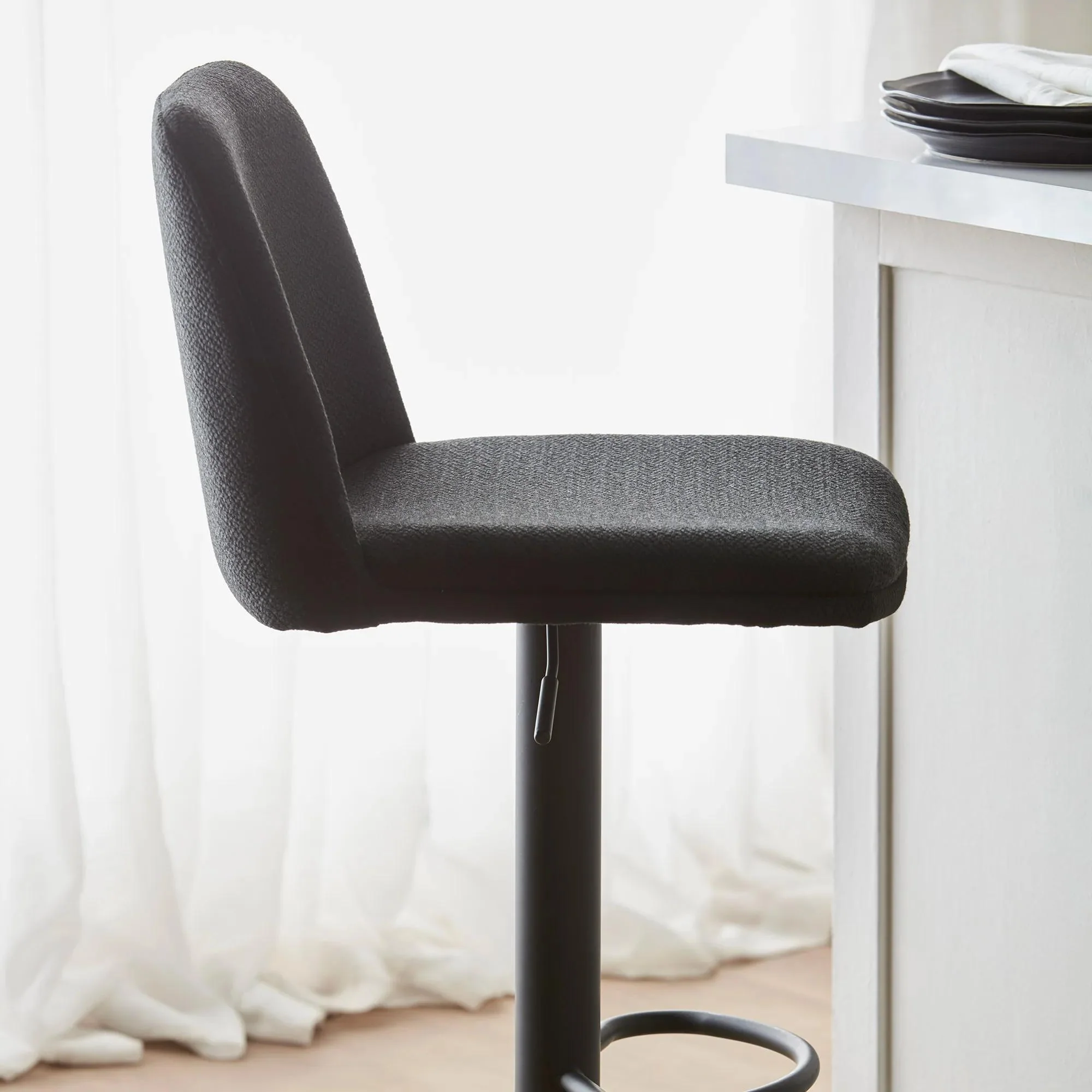 Black Fabric and Metal Adjustable Bar Stool - Image 3