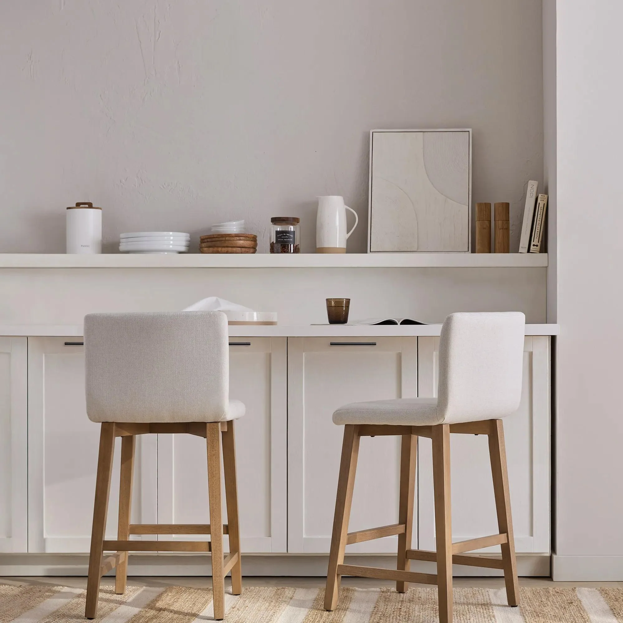 Fabric and Natural Wood Bar Stool - Image 2