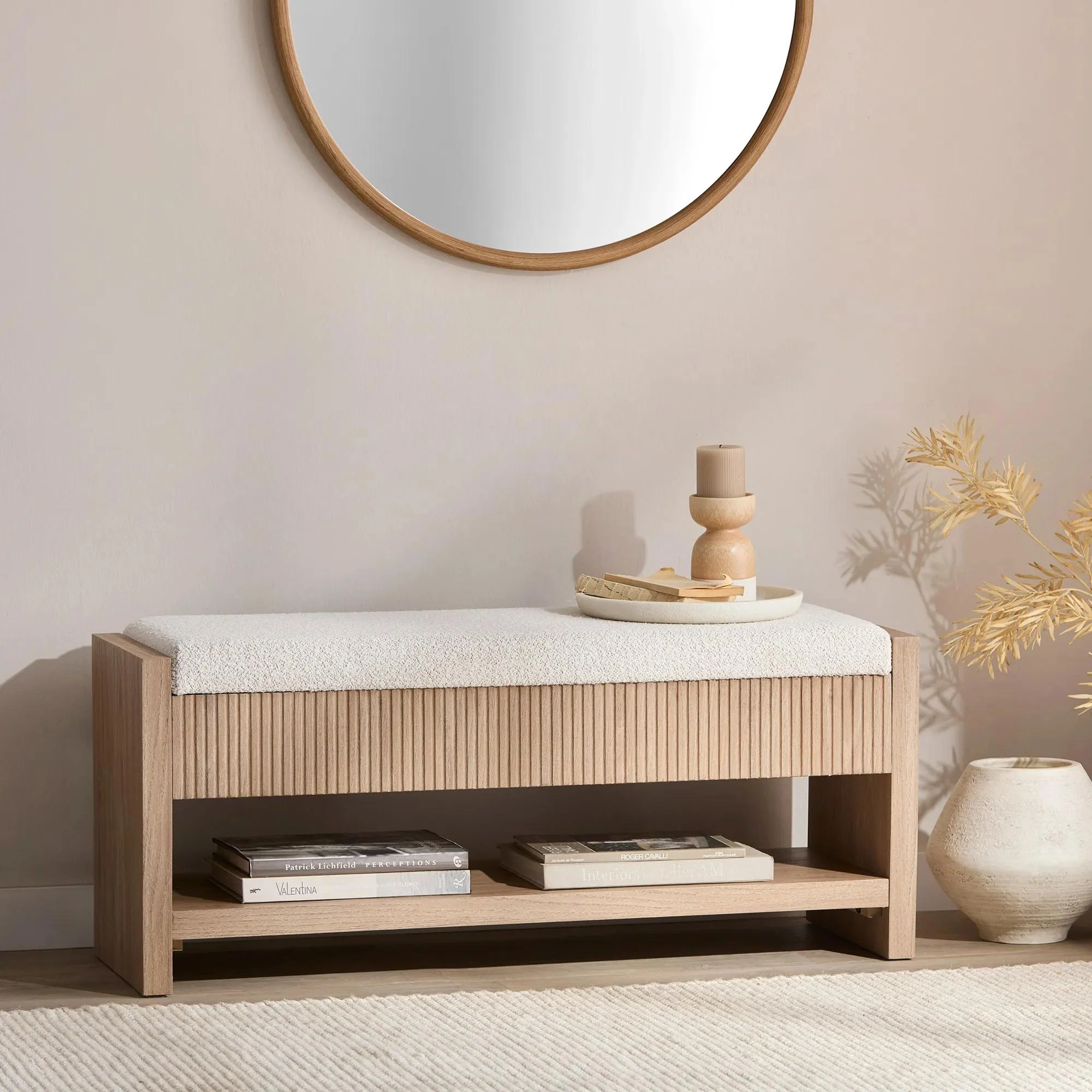 Fabric and Wood Storage Bench with Shelf - Image 2