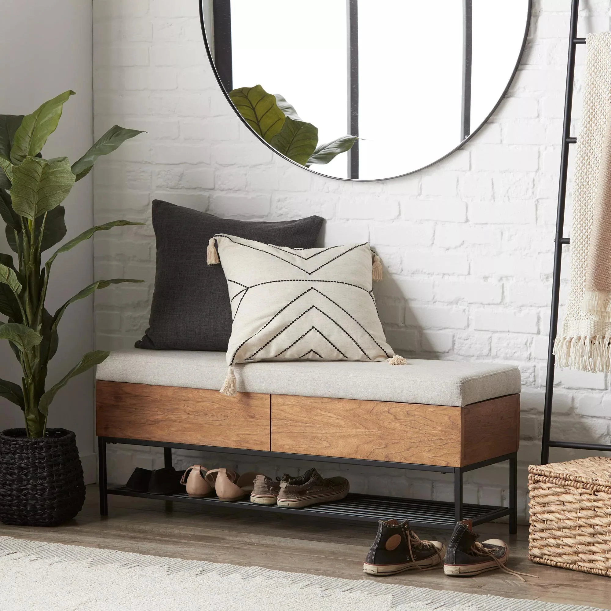 Fabric Wood and Metal Storage Bench with Shoe Rack - Image 6