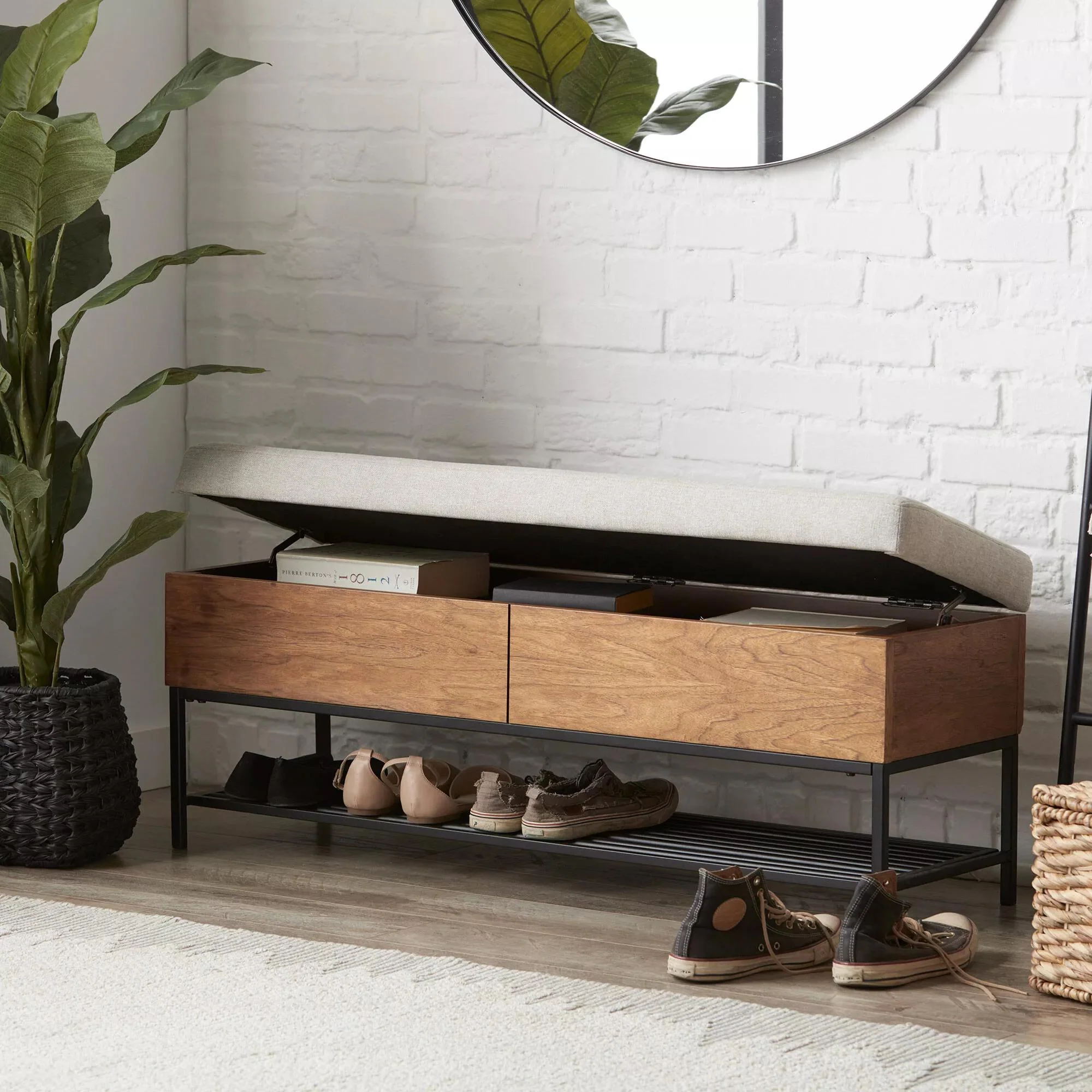 Fabric Wood and Metal Storage Bench with Shoe Rack - Image 7