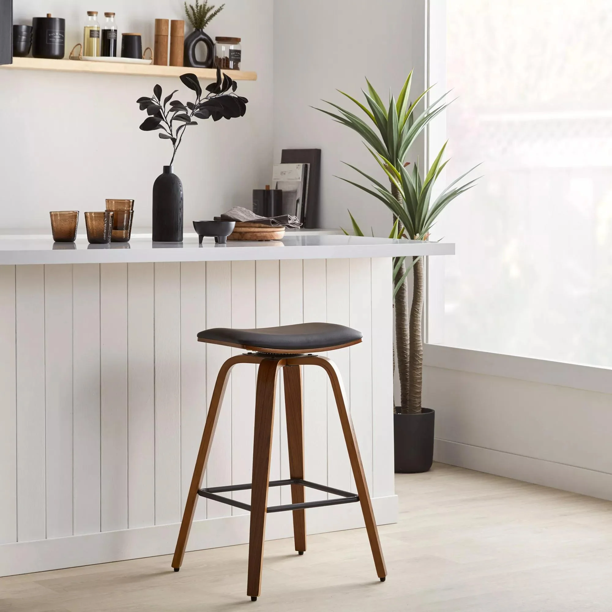 Faux Leather and Walnut Wood Backless Stool - Image 3