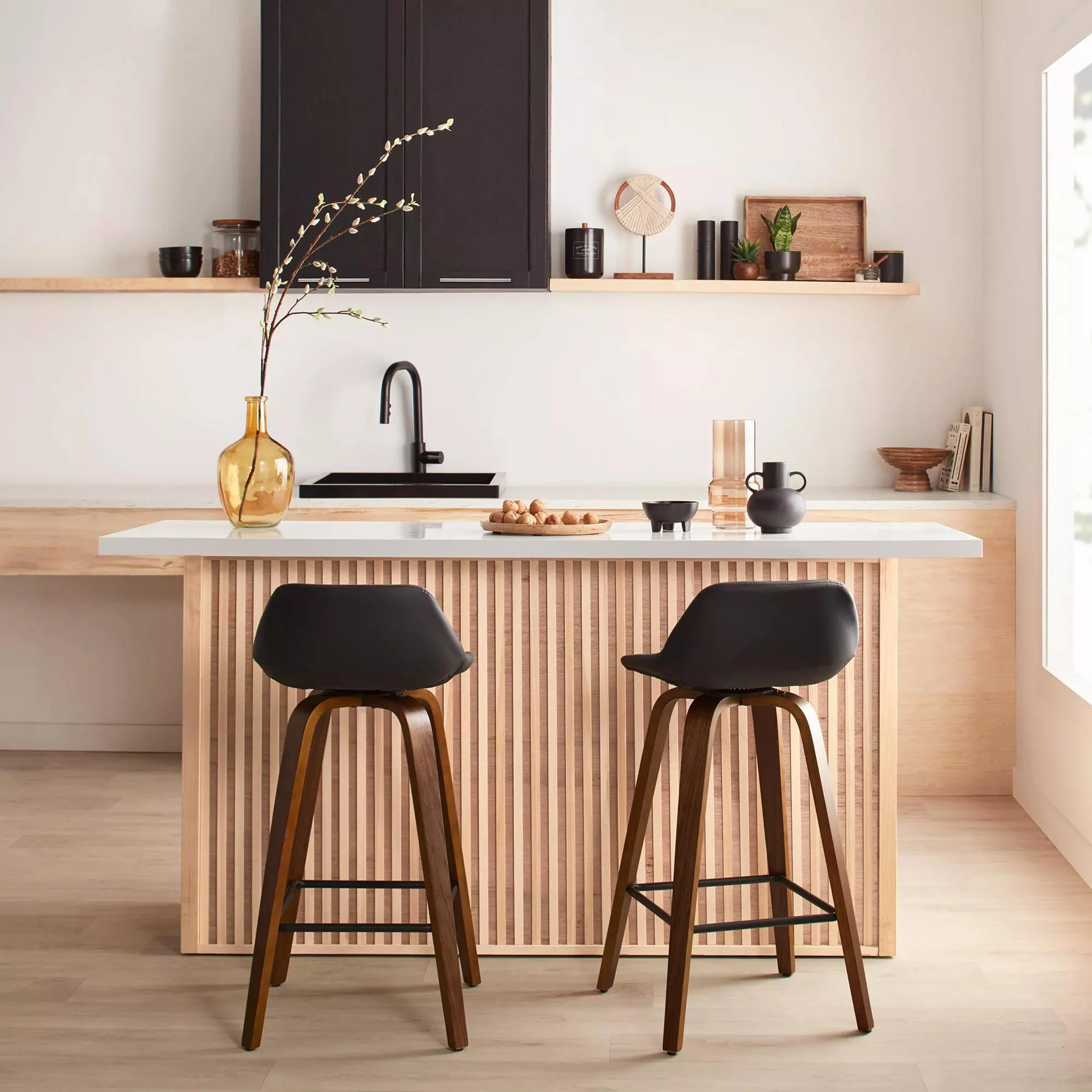 Faux Leather and Walnut Wood Bar Stool - Image 3