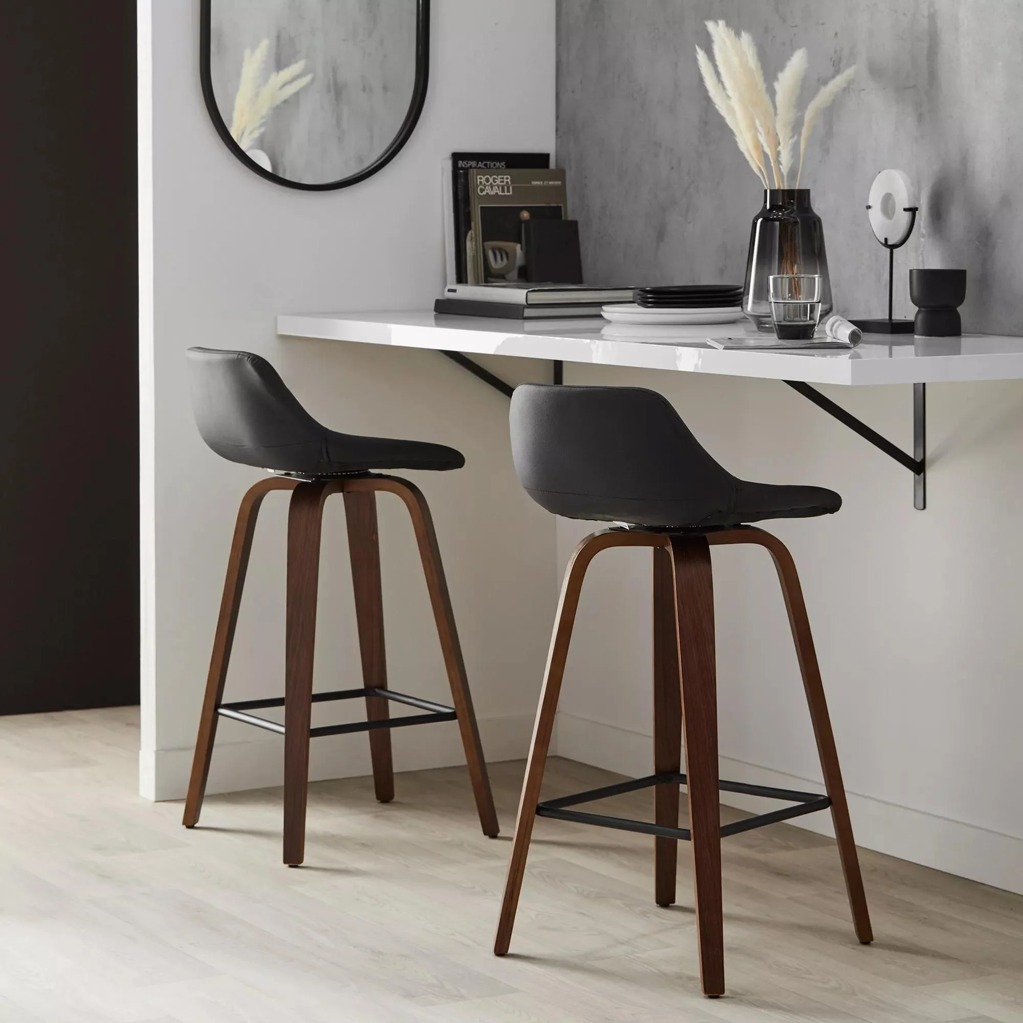 Faux Leather and Walnut Wood Bar Stool - Image 4