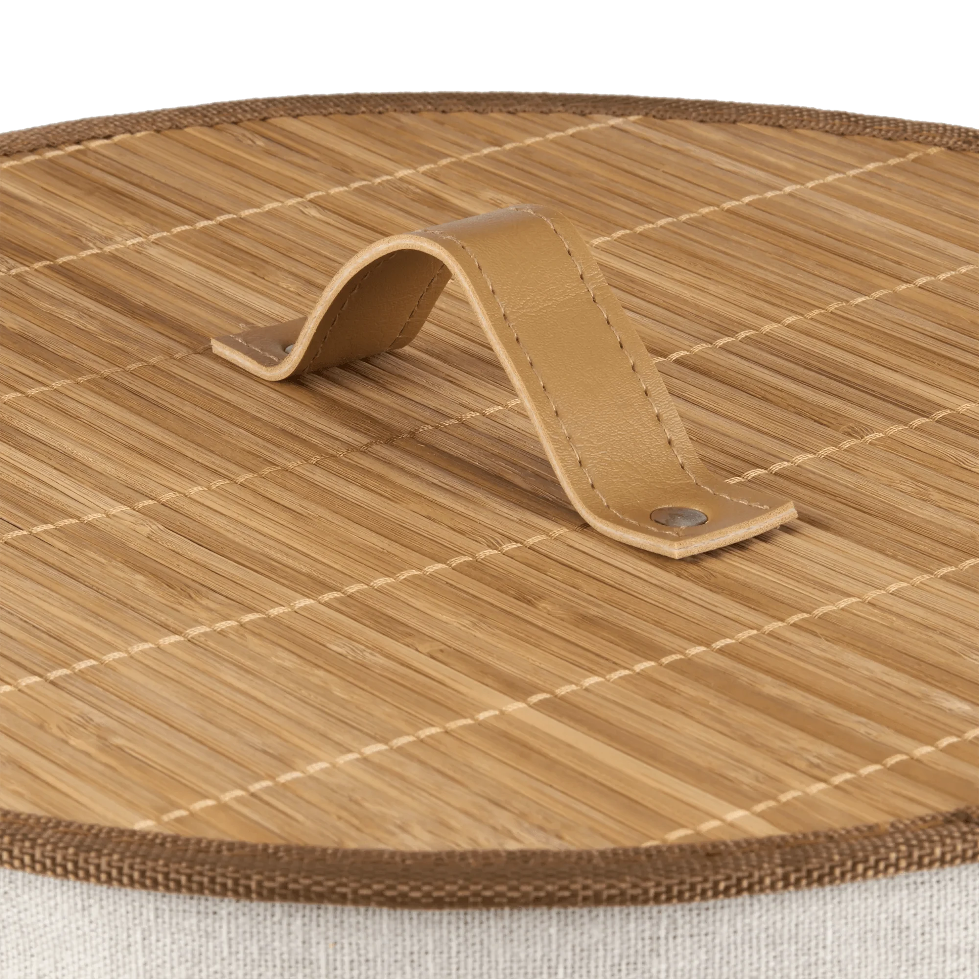 Round Bamboo Hamper with Lining and Faux Leather Handles - Image 4