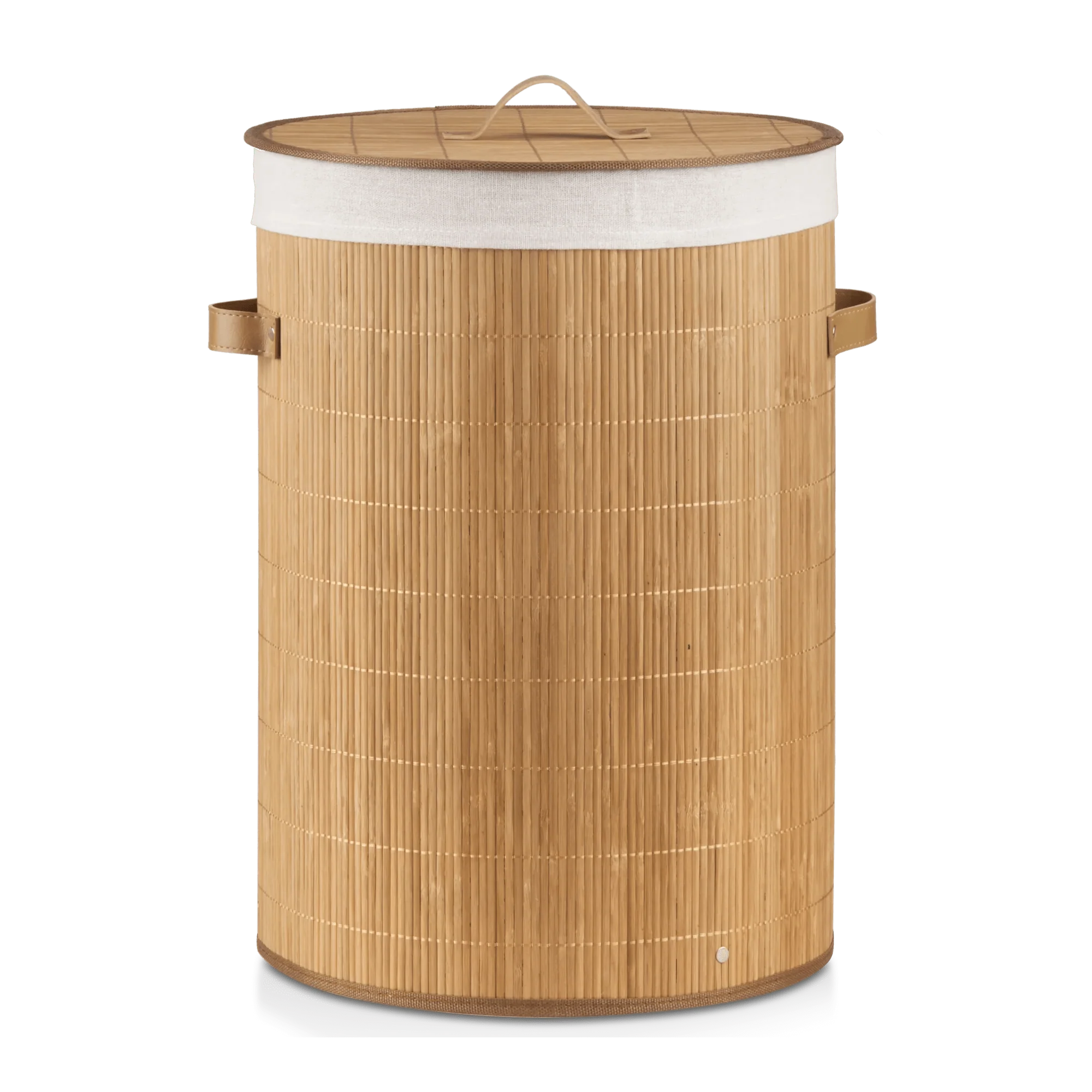 Round Bamboo Hamper with Lining and Faux Leather Handles - Image 7