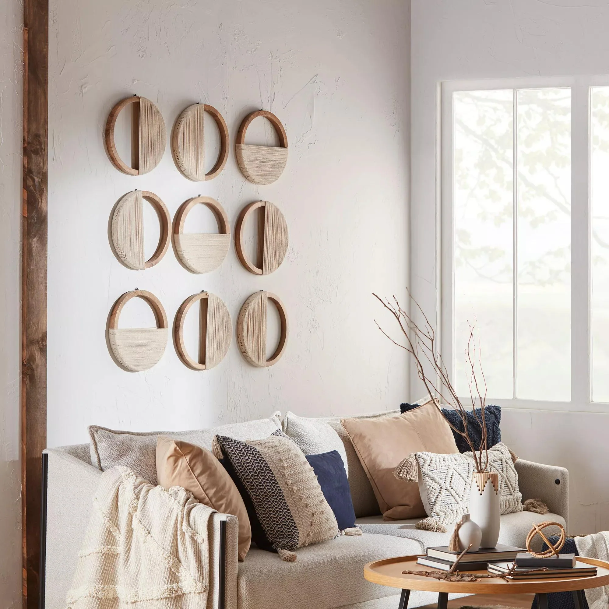 Set of 3 Mango Wood and Rope Circle Wall Decor - Image 2