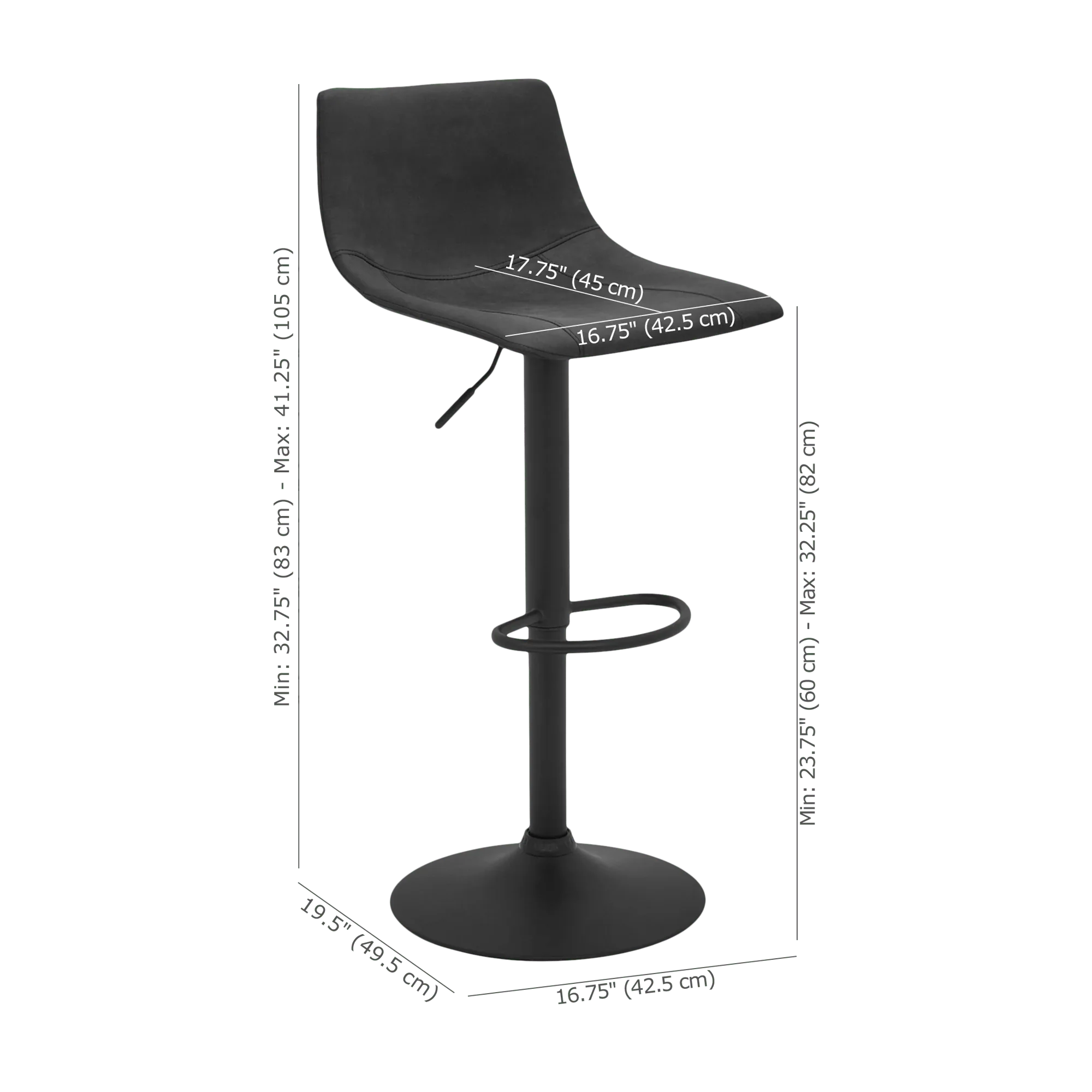 Black Textured Faux Leather & Metal Adjustable Bar Stool - Image 6