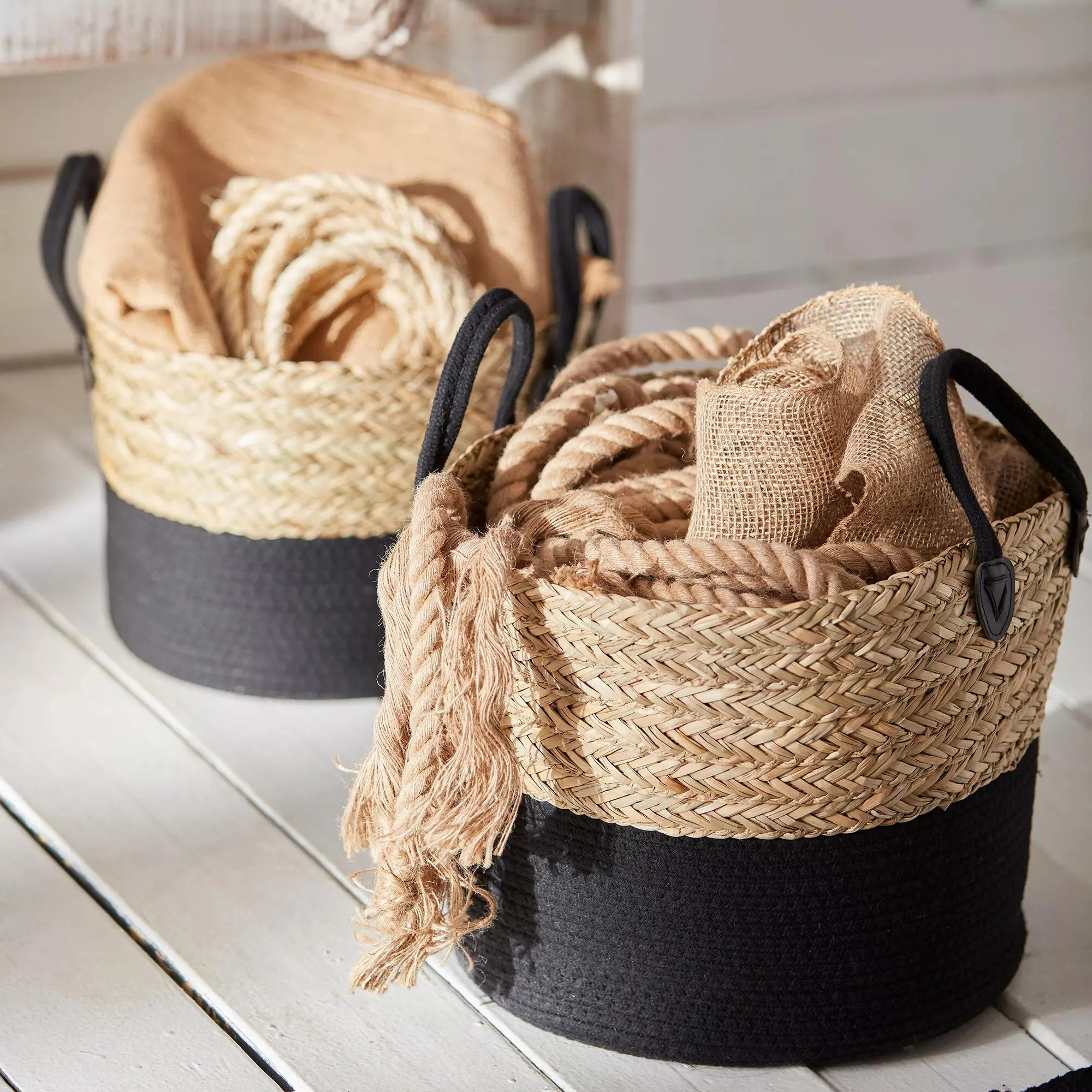 Woven Seagrass and Cotton Rope Basket - Image 4